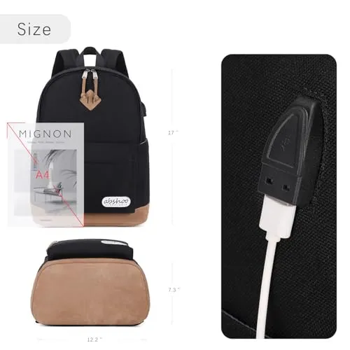 abshoo Classical Basic Bookbag Travel Laptop Backpack For Men and Women College Water Resistant School Backpack With USB Charging Port (Black)