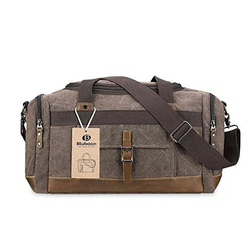 Bluboon Overnight Bag Canvas Genuine Leather 18.9"/7.9"/13.0" Vintage Travel Duffel Bags (Big