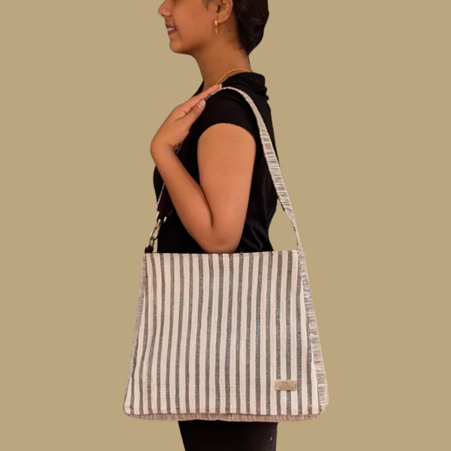 Cassette Tape Brown White Striped Upcycled Handwoven Trapeze Tote (TT0125-002) PS_W