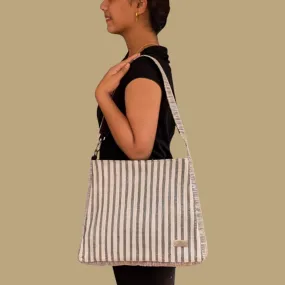 Cassette Tape Brown White Striped Upcycled Handwoven Trapeze Tote (TT0125-002) PS_W
