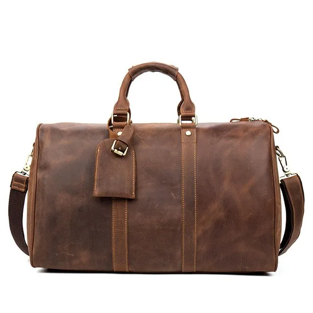 Crazy Horse Genuine Leather Travel Bag Men Vintage Travel Duffel Bags Cow Leather Carry On
