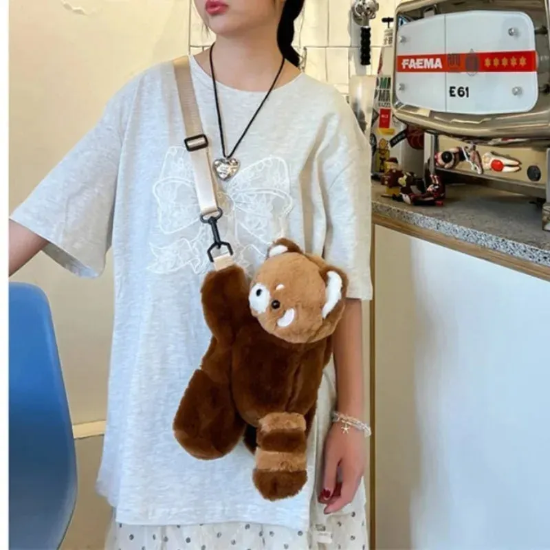 Cute Red Panda Plush Backpack Plushie Doll Crossbody Fur Soft Shoulder Bag Keychains