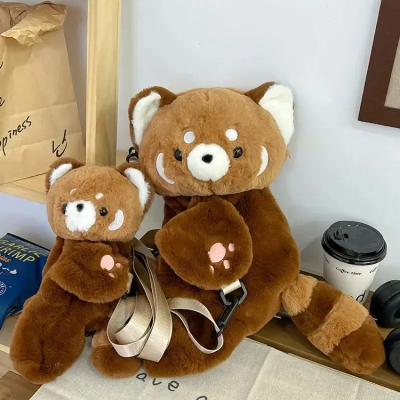 Cute Red Panda Plush Backpack Plushie Doll Crossbody Fur Soft Shoulder Bag Keychains