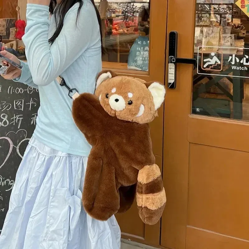 Cute Red Panda Plush Backpack Plushie Doll Crossbody Fur Soft Shoulder Bag Keychains