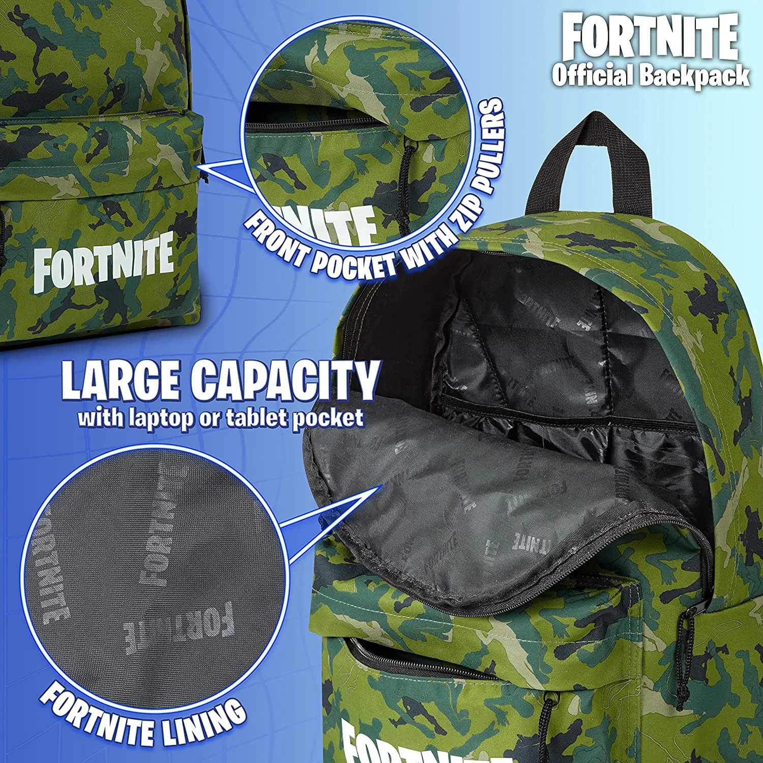 Fortnite Green Backpack, School Bag, Large Rucksack for Kids, Fortnite Gifts for Boys