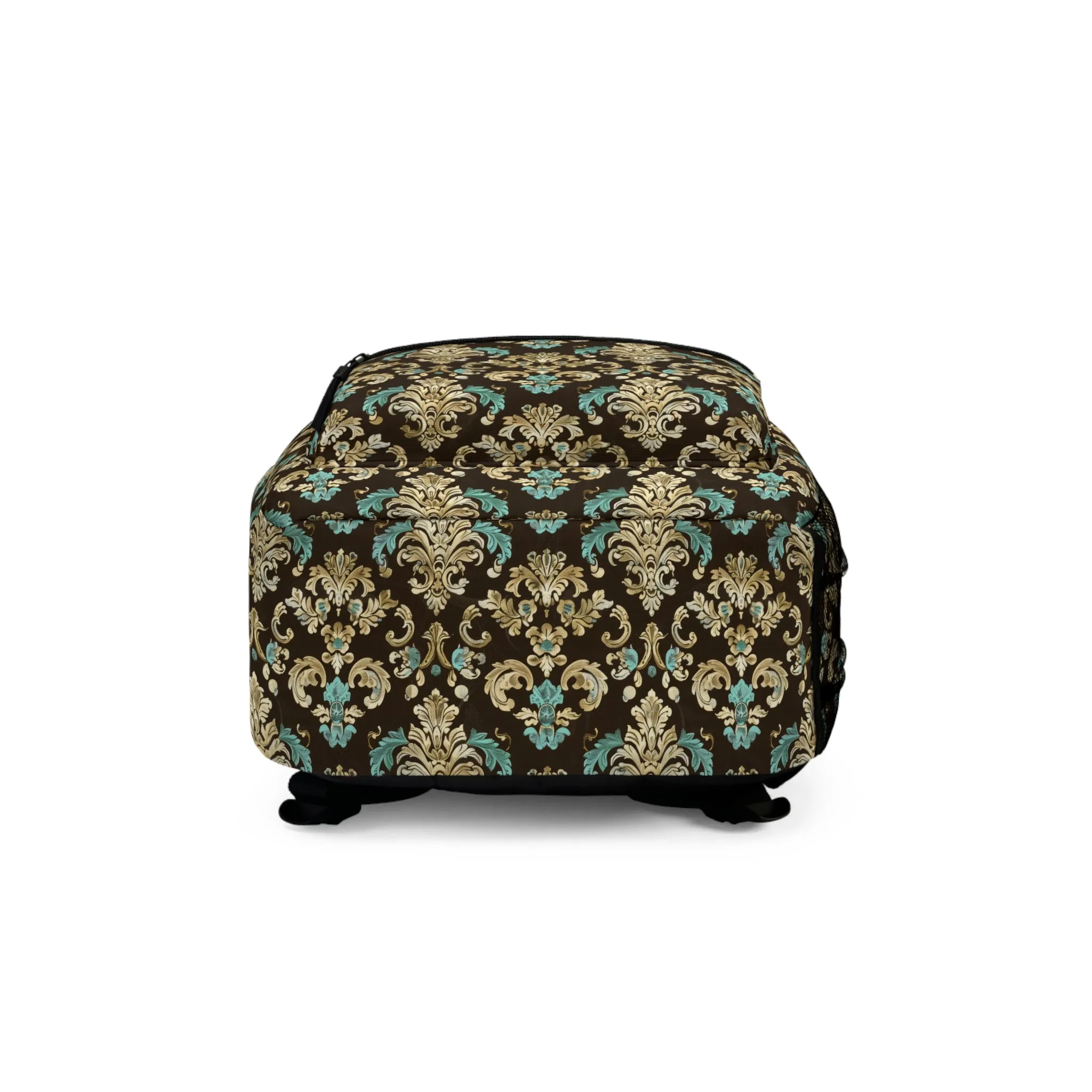 Luxurious Rococo Pattern of Ornate Brown and Teal Floral Scroll Design Lightweight Stylish Durable Backpack (Made in USA)