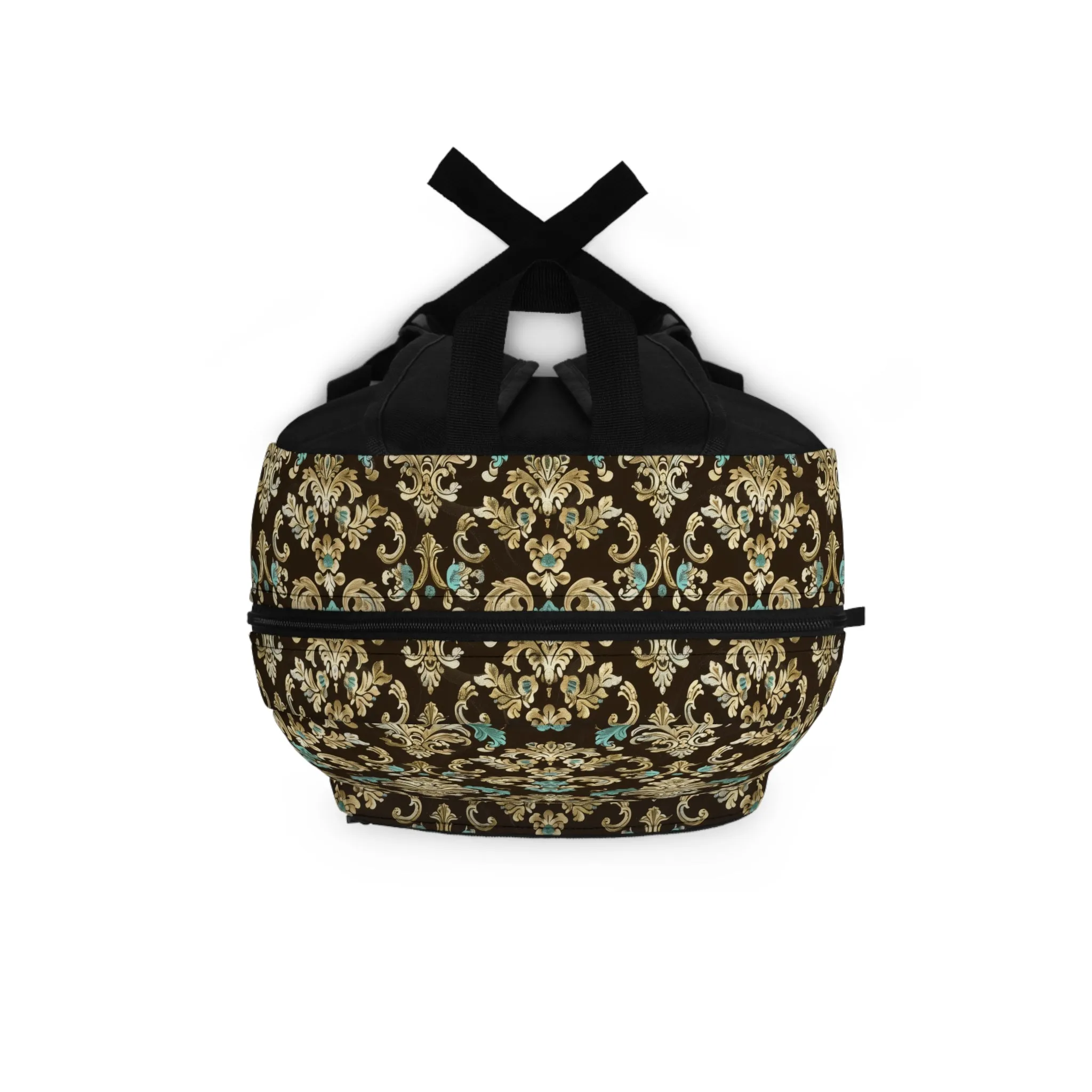 Luxurious Rococo Pattern of Ornate Brown and Teal Floral Scroll Design Lightweight Stylish Durable Backpack (Made in USA)