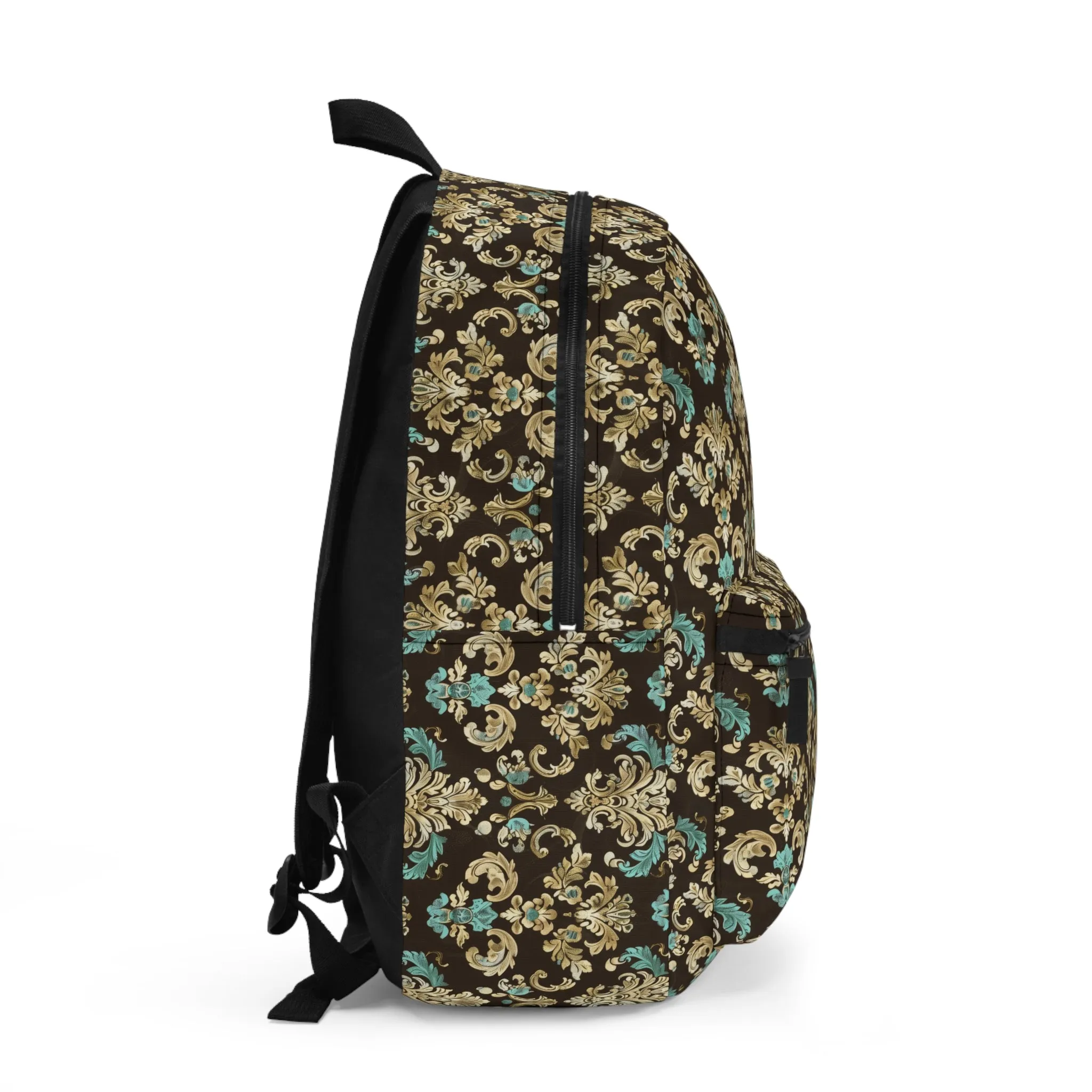 Luxurious Rococo Pattern of Ornate Brown and Teal Floral Scroll Design Lightweight Stylish Durable Backpack (Made in USA)