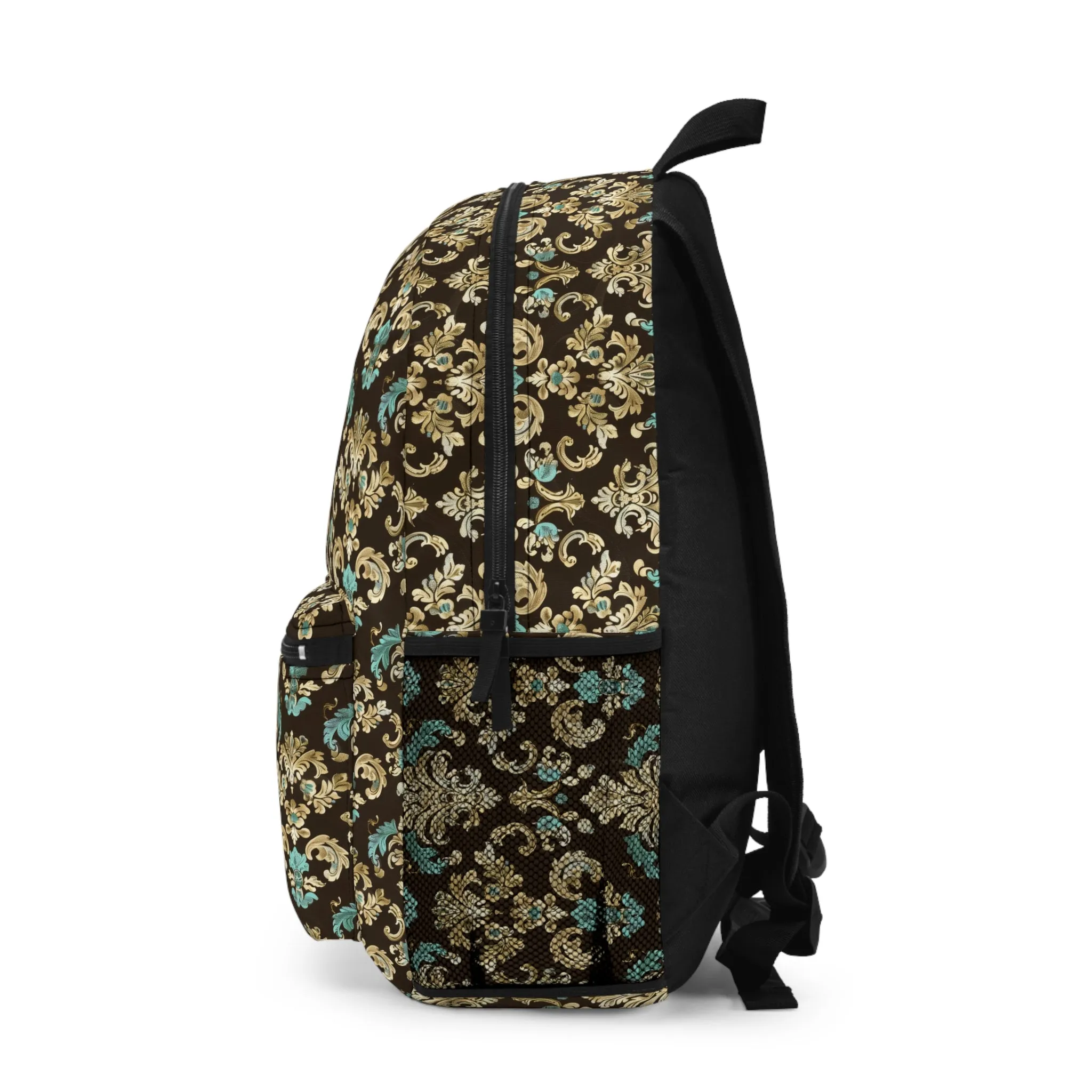 Luxurious Rococo Pattern of Ornate Brown and Teal Floral Scroll Design Lightweight Stylish Durable Backpack (Made in USA)