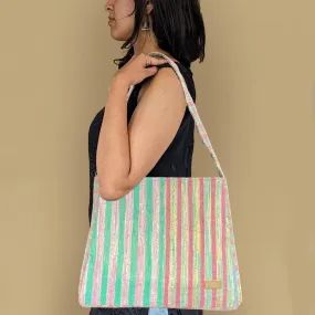 Multicolored Striped Upcycled Handwoven Trapeze Tote (TT1124-005) PS_W