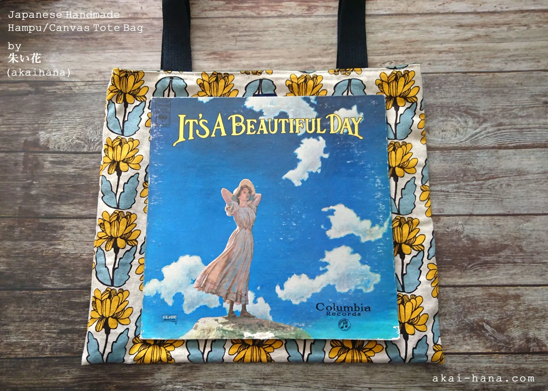 Nordic Floral Yellow, Japanese Handmade Linen Square Tote Bag