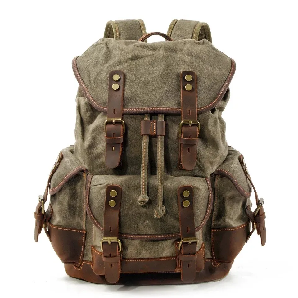 WOHENRED Large Capacity Leather Canvas Backpacks For Men School Bags Vintage Waterproof