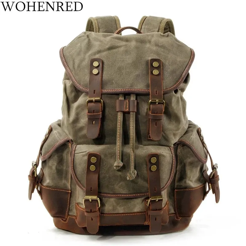 WOHENRED Large Capacity Leather Canvas Backpacks For Men School Bags Vintage Waterproof