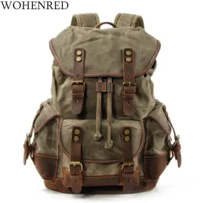 WOHENRED Large Capacity Leather Canvas Backpacks For Men School Bags Vintage Waterproof