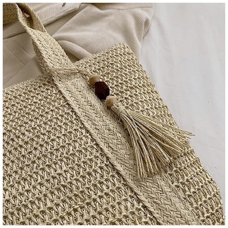 Women’s Large Capacity Straw Beach Tote with Tassel