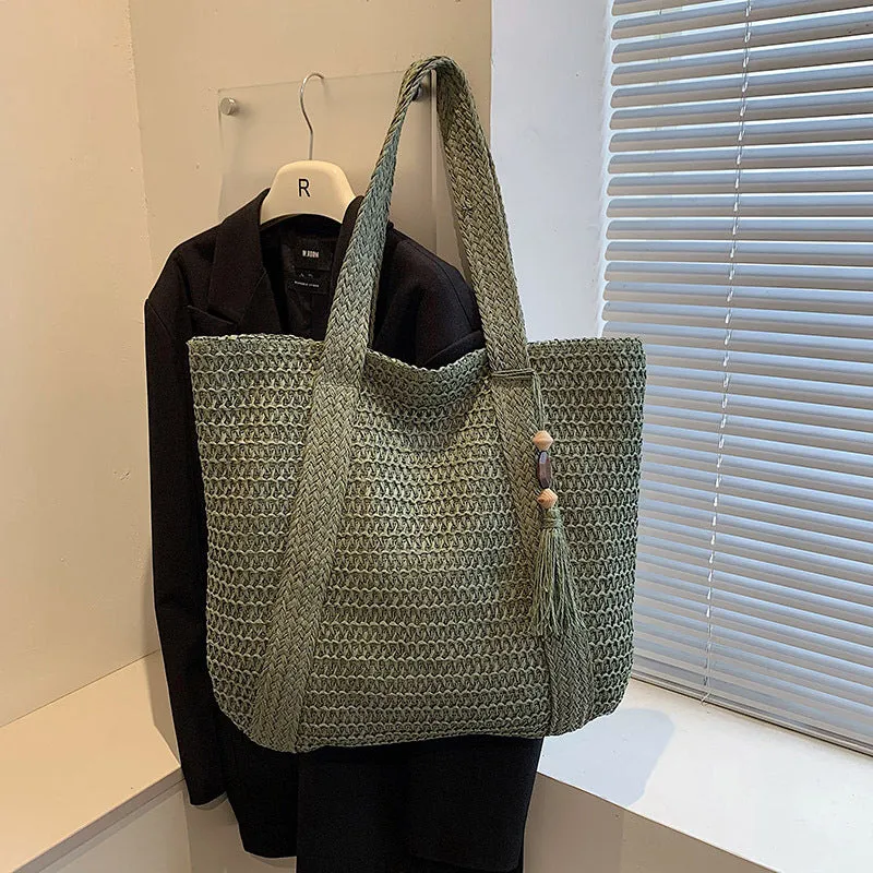 Women’s Large Capacity Straw Beach Tote with Tassel