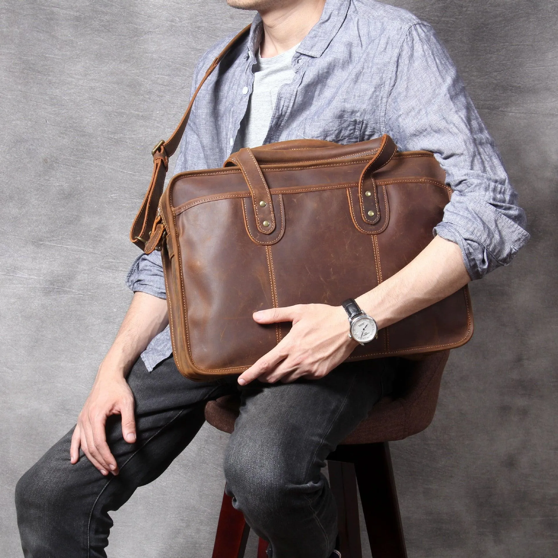 Woosir Vintage Leather Briefcase Fit 16" 17" Laptop