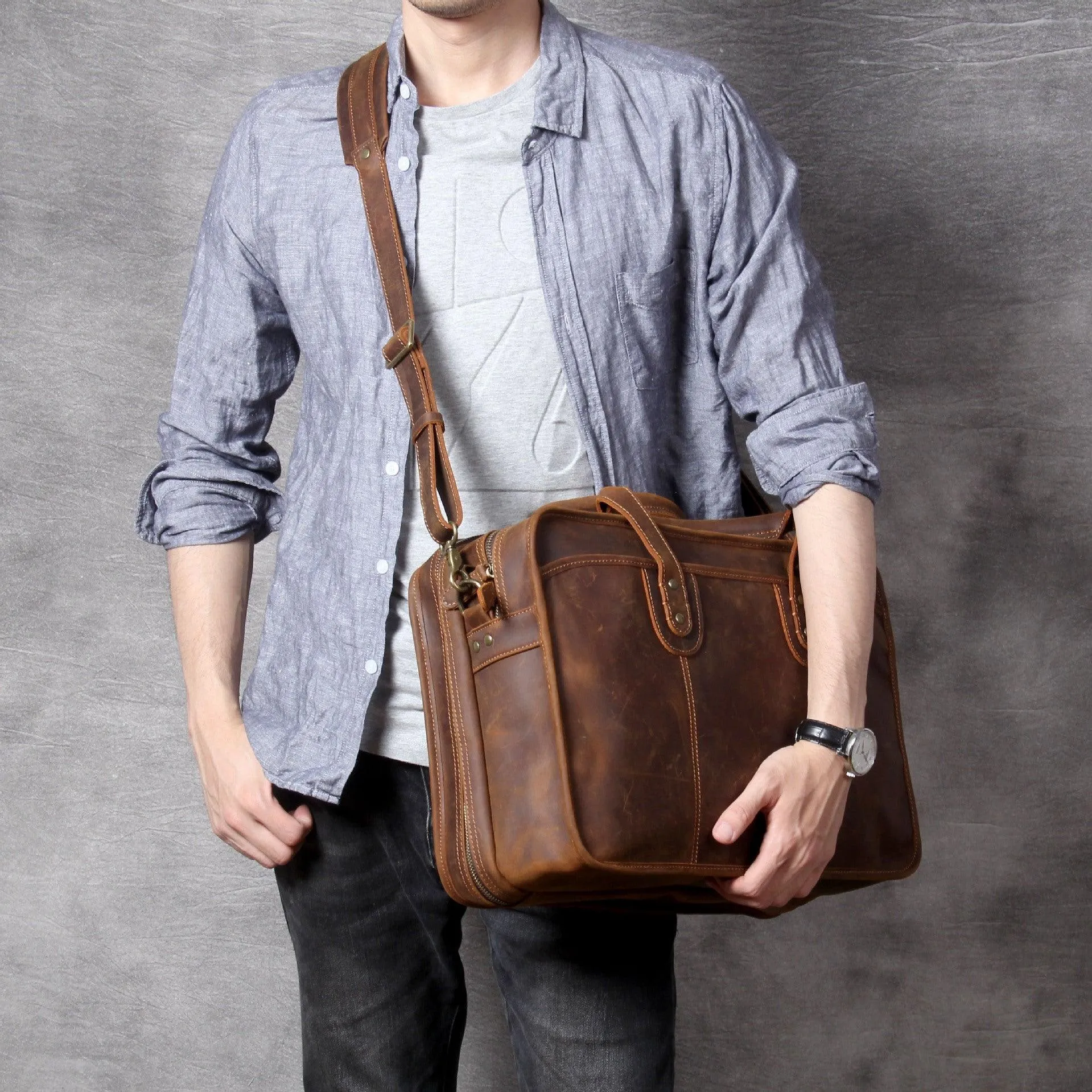 Woosir Vintage Leather Briefcase Fit 16" 17" Laptop